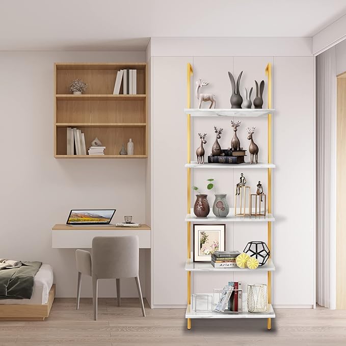 aboxoo Ladder Shelf White Marble Bookshelf 5-Tier Wall-Mounted Wood Rack Industrial Modern Plant Flower Stand Utility Organizer Open Bookcase Metal Frame Furniture Office Kitchen Bedroom