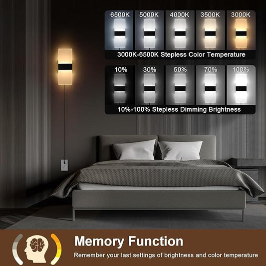 Plug in Wall Sconce with Stepless Adjustable 3000K-6500K Colors and 10%-100% Brightness, 12W Acrylic LED Wall Light with Remote, Hardwire or Plug-in (1 Pack, Black)