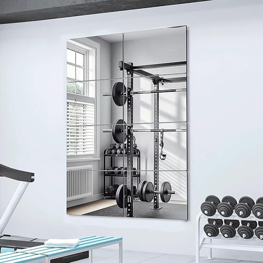 Delma Frameless Mirror Tiles 14"x12"x8 Pcs Wall Mounted, Shatter Resistant Full Length Tempered Glass Panels for Home Gym Bathroom Bedroom & Living Room Decor