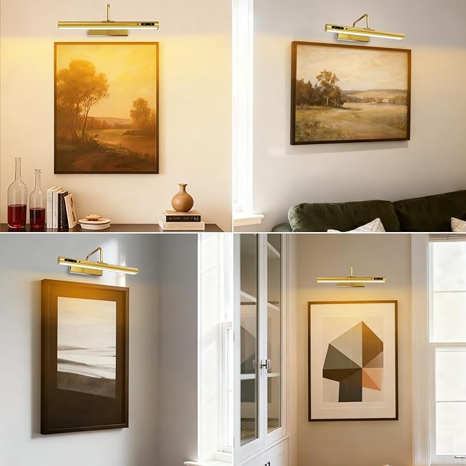 Picture Lights Wall Battery Operated, 14" 6000mAh Rechargeable Display Light with Remote/Rotatable/Dimmable/3CCT Magnetic Wireless Lamp for Painting/Gallery/Artwork/Portraits/Phote/Frame/Poster(Brass)