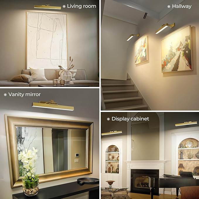 Picture Lights for Wall, Brushed Gold Battery Operated Picture Light 16in Art Light CCT Dimmable Recharging Battery Wall Light with Remote Control for Living Room Gallery 2PCS