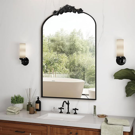 Vintage Wall Mirror, 24"x36" Arched Mirror for Vanity, Antique Decorative Mirrors with Carved Metal Frame for Bedroom, Living Room, Entryway, Fireplace, Hallway, Black