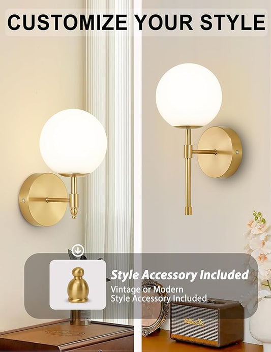 Battery Operated Wall Sconces Set of 2, Glass Globe Wireless Lights with Remote & Touch Control, Rechargeable Brushed Gold Sconce, 3 Color Dimmable Ambient Lighting for Bedroom Living Room