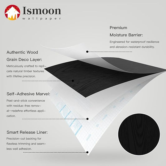 Ismoon Black Contact Paper Peel and Stick Wallpaper 17.5''x236''Wood Grain Contact Paper for Cabinets and Drawers Removable Self-Adhesive Modern Renter Friendly Wallpaper for Desk Countertops Vinyl