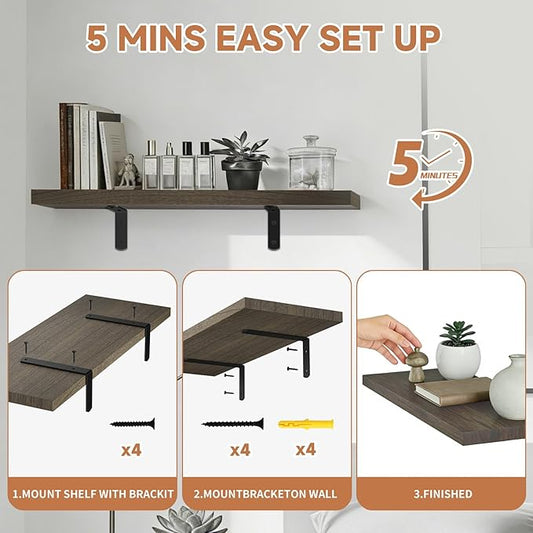 LifetimeWarranty Wall Shelves With Brackets, NOT Floating Easy Install 15.7Inch Solid Wood Shelf 3PCS,Picture Ledge Display Shelf for Living Room Bedroom Kitchen,House Decor Shelf for Book Plant Frame