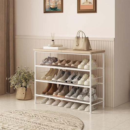 SUOERNUO Shoe Rack Organizer 4 Tier for Closet Entryway Free Standing Metal Storage Shoe Shelf with MDF Top Board,White+Oak