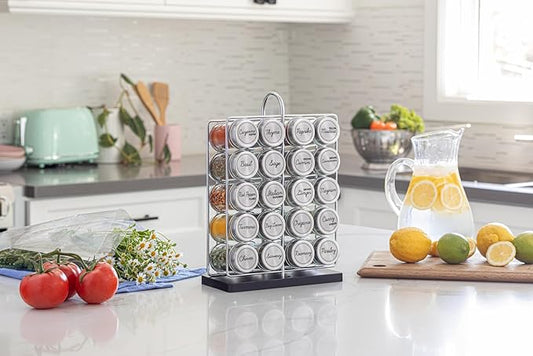 Orii 20 Jar Spice Rack Stainless Steel with Spices Included - Standing Rack Shelf Holder & Countertop Spice Rack Tower Organizer for Kitchen Spices