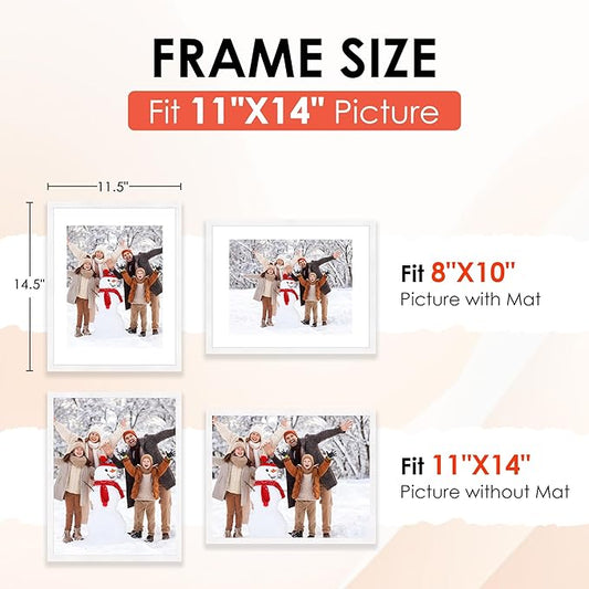 FIXSMITH 11x14 Picture Frame, White Photo Frame with HD Plexiglass, Display Pictures 8x10 with Mat or 11x14 Without Mat, Picture Frames Collage for Wall Display, 2 Pack