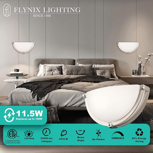 13 inch Dimmable LED Wall Sconce, Half Moon Wall Light Fixture, 3000K/4000K/5000K Color Temperature Adjustable, Modern Bathroom Vanity Light Fixtures,Super Bright (Brushed Nickel) 2 Pack