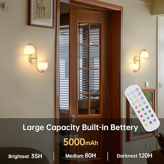 Battery Operated Wall Sconce, 2-Lights Vinatge Brass Wall Lighting Up and Down with White Tulip Shade for Living Room, Bedroom, Symmetrical 2 Pack