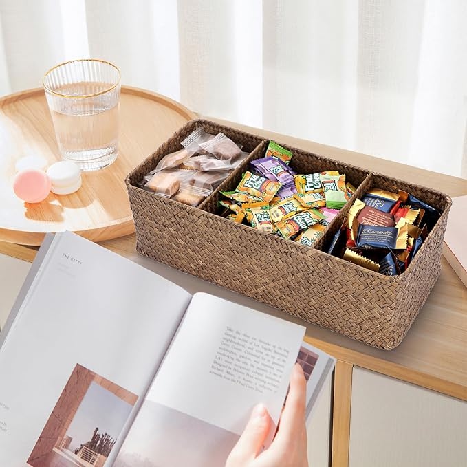 ELLDOO Coffee Pod Holder, Large Capacity Coffee Pod Organizer for K Cup Nespresso Pods, Hand-Woven Seagrass Storage Basket, 3-Section Wicker Baskets for Shelves Closets, Coffee