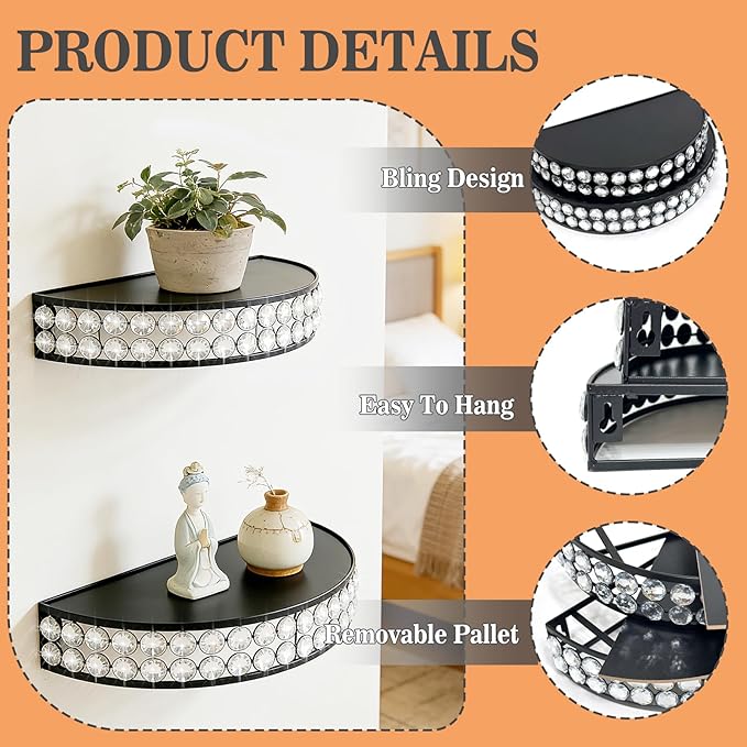 ZEXUIRU 2-Piece Set Glass Decorative Floating Shelves with Metal Frame Display Shelf Wall Decor for Home Office Mixed Sizes