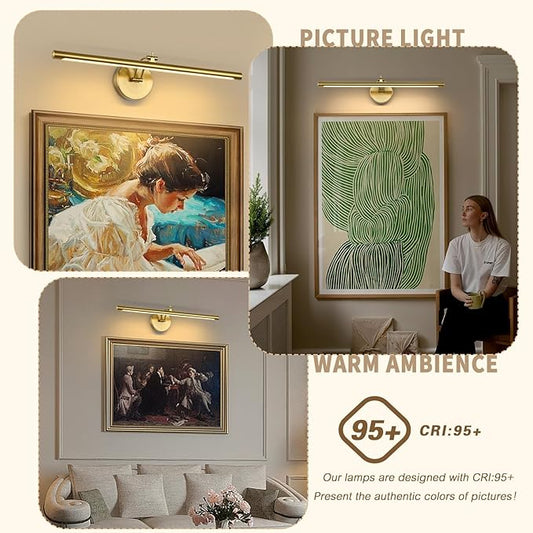 Picture Light Dimmable Hard Wired 23.62 Inch Adjustable Swing Arm Brass Wall Lights for Pictures Led Display Light for Artwork 14W Warm White