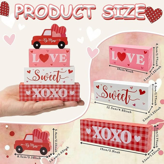 Valentine’s Day Decorations, 4 Pcs Wooden Valentine’s Day Table Decorations, Red Truck Tiered Tray Decor, Wooden Table Sign for Desk Shelf Mantel Centerpiece, Indoor Home Decor