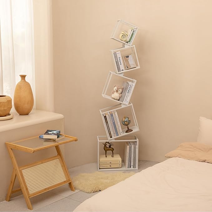 Bookshelf, Metal Bookcase 5-Tier 67", Modern Unique Floor Corner Book Shelf, Display Storage Bookcase for Living Room, Bedroom, Office, Home Decor
