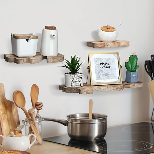 Suzile Set of 3 Small Rustic Wave Edge Floating Shelf 3 Size Live Edge Wooden Shelf with Metal Bracket Wall Mounted Display Ledge Shelves Farmhouse Vintage Wall Decor for Living Room Bedroom (Walnut)