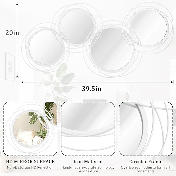 4 Pack White Round Mirror Set, Circle Wall Mounted Mirror Metal Framed Modern Decorative Mirrors for Living Room Bedroom Bathroom Entryway 20x40 Inch Decor