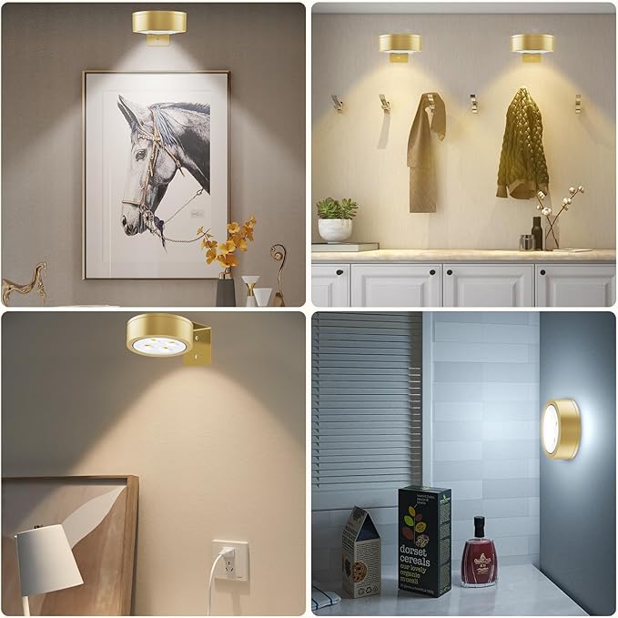Picture Lights for Wall, 3 Lighting Modes Magnetic Art Display Light,Battery Operated Led Painting Light with Remote Control Dimmable & Timer,6Pack Gold