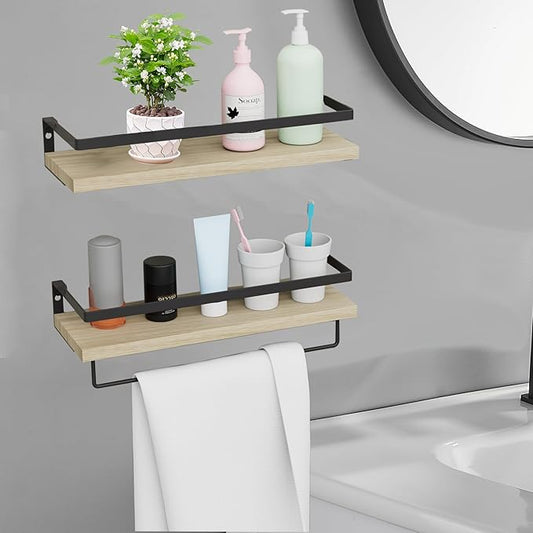 Home Decor Floating Shelves, Wall Shelves with Towel Bar, Bathroom Wall Decor, Floating Shelves Wood for Living Room/Kitchen/Bedroom, (Black-Natural) Floating Bathroom Shelves