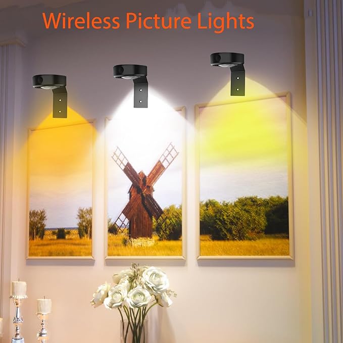 3Pcs Picture Lights for Wall, 16 Lighting Modes Magnetic Art Display Light for Paintings with Remote Control Dimmable & Timer, Wireless Wall Decor Puck Light, Black