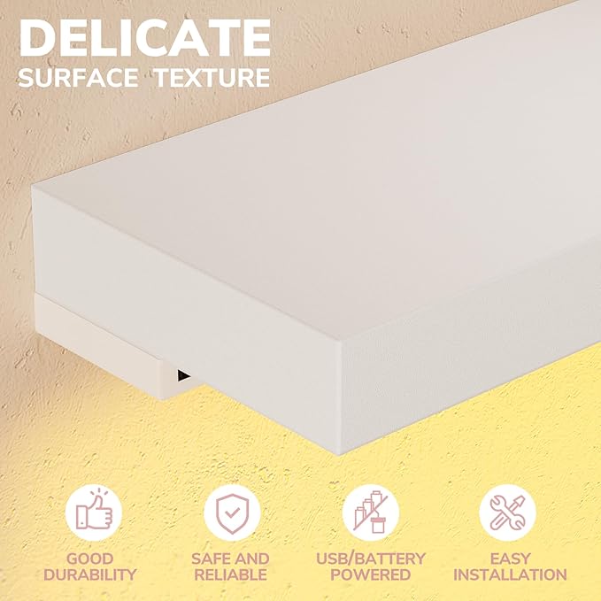 BAMEOS RGB LED Floating Shelves for Wall, 35" Wall Mounted Wooden Shelves with Invisible Brackets, Set of 2, Hanging Wall Shelves for Bedroom, Living Room, Kitchen, Study (White)