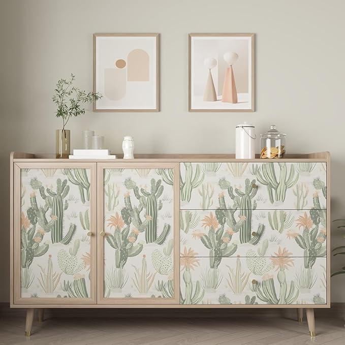 Cactus Wallpaper Peel and Stick, Beige Green Desert Succulent Botanical Contact Paper, 17.5" x 393.7" Floral Boho Wall Paper Self Adhesive Removable Waterproof for Bedroom Cabinet Drawer Table Decor