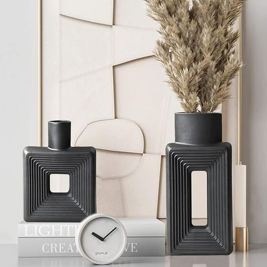 Black Ceramic Vase Set of 2,Square Vase Rustic Home Decor Minimalist Nordic Boho Style for Living Room, Shelf, Table, Bookshelf, Mantel and Entryway Decor Vases