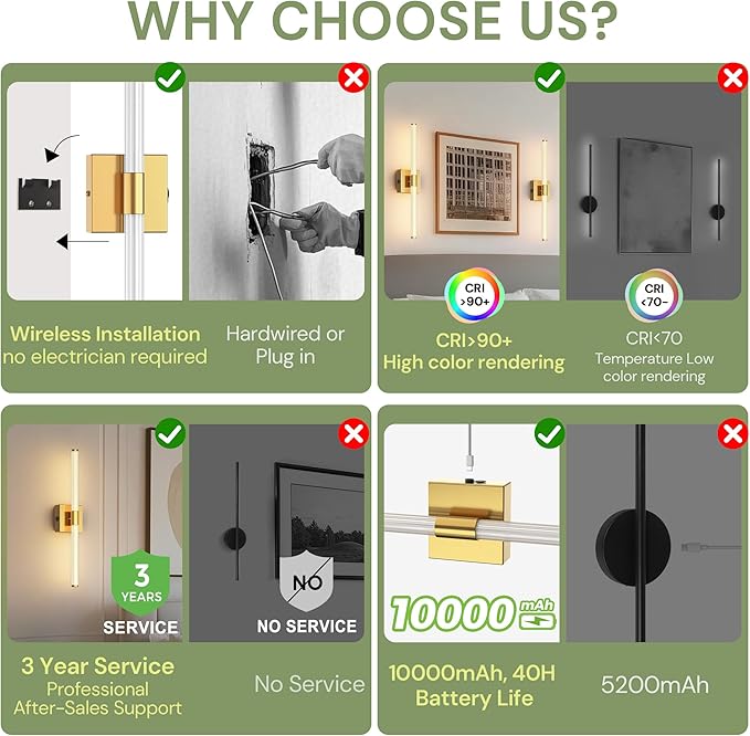 L LOHAS LED Battery Operated Wall Sconces Set of 2, 10000mAh Gold Battery Wall Sconce 360 Full Lighting, 3000K Dimmable Wireless Wall Light, Sconce Wall Decor for Bathroom, Bedroom, Living Room, 24in