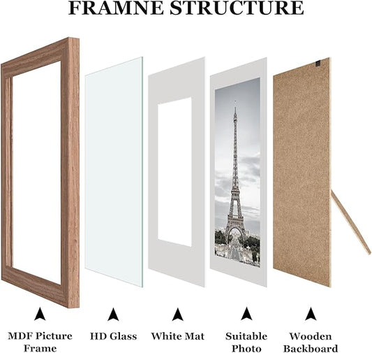 Picture Frames, Made of Real Glass and Wooden Frame, Gallery Photo Frames Set of 10 for Collage Wall Decor, Multi Sizes Including 8x10, 5x7, 4x6 for Mounting or Tabletop Display, Light Brown