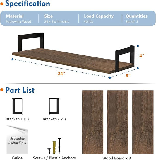 Floating Book Shelves for Wall 3-Pack, 24 Inch Long Wall Mount Bookshelf for Bedroom, Rustic Farmhouse Wood Hanging Bookshelves for Living Room Office Books Plants (Dark Brown)