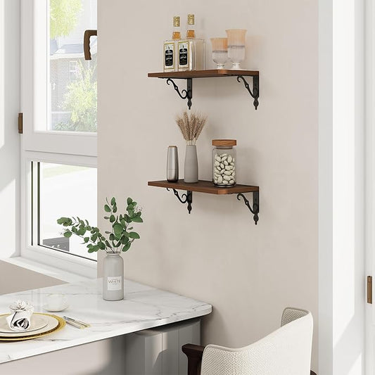 RICHFOCUS Floating Shelves for Wall Decor, 8 Inch Deep Shelves Set of 2, 16W x 8D Floating Shelves Wall Mounted with Metal Brackets, Rustic Wood Shelves for Living Room Bedroom Kitchen, Walnut