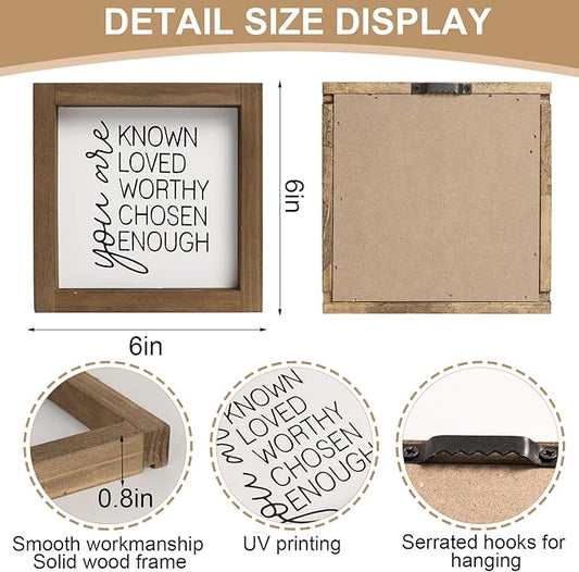 flangairy You Are Known Loved Worthy Chosen Enough Inspirational Sign, 6 Inch Wooden Positive Affirmations Wall Art Decor, Office Bedroom Bathroom Table Shelf Home Decorations