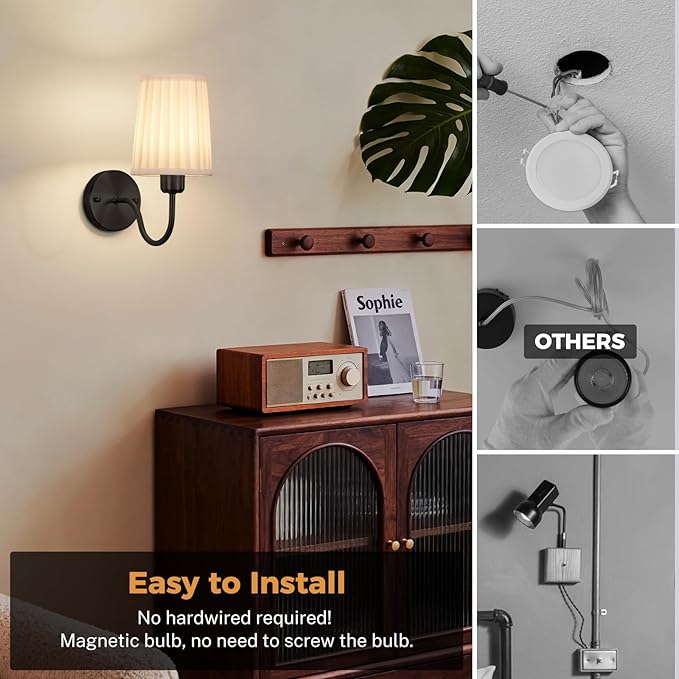 Battery Operated Wall Sconce Set of 2, Rechargeable Wall Sconces with 10000mAh Dimming Magnetic Bulb, Wireless Battery Powered Wall Lights with Pleated for Bedroom Living Room Gallery Hallway,Black
