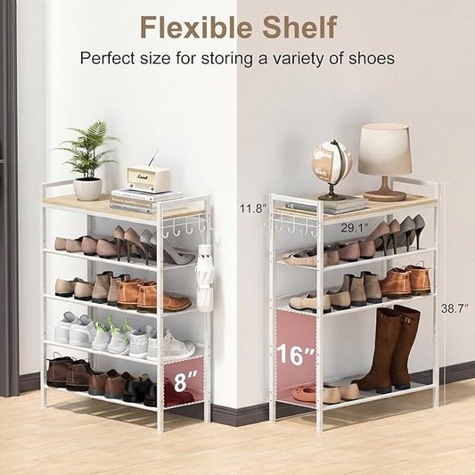 Refrze Shoe Rack for Front Door Entrance, 5 Tier Height-Adjustable Metal Shoe Rack, Sturdy Wooden Top and Tiltable Steel Frame Heavy Duty Shoe Organizer for Bathroom,Bedroom,Kitchen,Include Hook