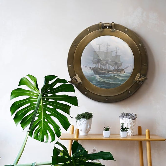 20 Inch Nautical Wall Window – Large Brass Porthole Window, Nautical Wall Art Ship Decor, Antique Brass Round Porthole with Clear Glass for Coastal & Sailing Décor