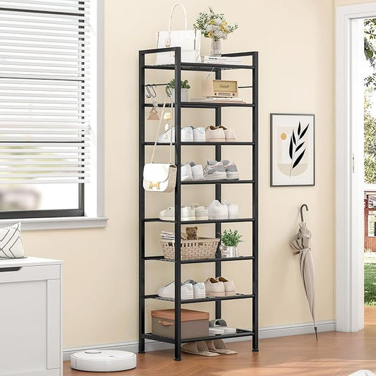 usikey 8 Tiers Narrow Shoe Rack 16-24 Pairs, Sturdy Metal Tall Shoe Rack with 4 Hooks, Slim Shoe Storage Organizer with Metal Shelf, Space Saving Vertical Shoe Shelf for Entryway Black UNYXJX016H