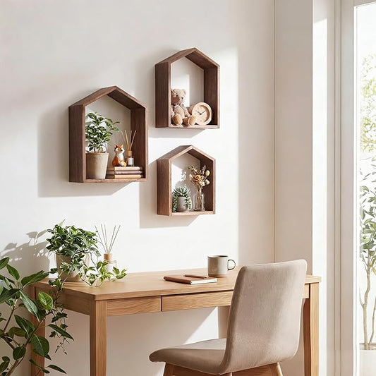 3 Set Wall Shelf 9.8 x 7.1 Inch Wooden Hanging Shelf Deep Display Storage Shelves Floating Shelves for Home Office Room Mini Figures Potted Plants Wall Decor(House,Brown)