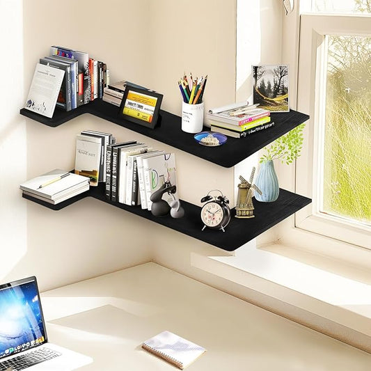 Muzilife Corner Floating Shelves Wooden Floating Shelve Set of 4, Wall Mounted for Storage, L-Shaped Shelves for Wall Decor Organizer for Bedroom, Bathroom, Kitchen, Living Room and Office, Black