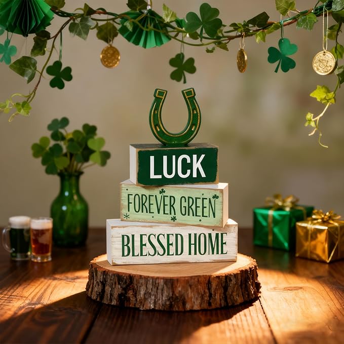 St. Patrick’s Day Decorations - St Patrick Day Lucky Horseshoe Tiered Tray Decor Set - Wooden Tabletop Decoration - Rustic Farmhouse Holiday Home Decor for Indoor Shelf Mantel Coffee Table Gift