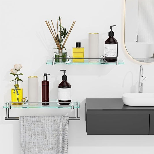Glass Bathroom Shelves,Chrome Polished Floating Shelves for Wall Rectangular Modern Stainless Steel Glass Shelf for Bathroom Shelves Wall Mounted 16 Inch
