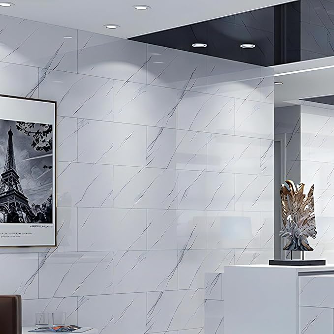 Glossy Marble Contact Paper White Peel and Stick Wallpaper Marble Wallpaper Self-Adhesive Removable 15.7"x78.7" Wall Paper for Cabinets Bathroom Waterproof Wallpapers Modern Decorative