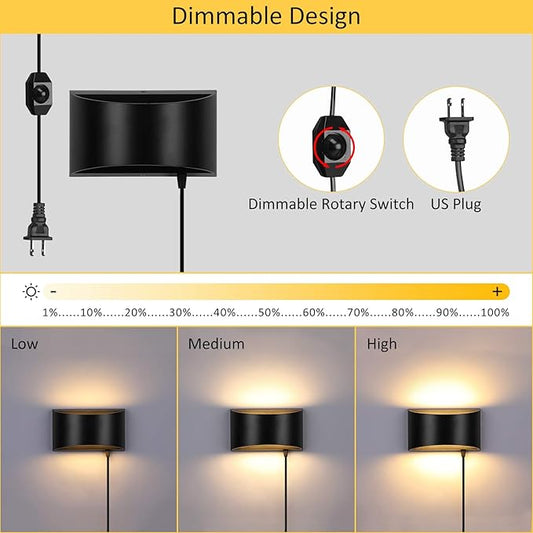 Lightess Wall Lamp Plug in 12W Modern LED Wall Lights Dimmable Indoor Up Down Wall Lamp for Bedroom Living Room Hallway, Black, Warm White