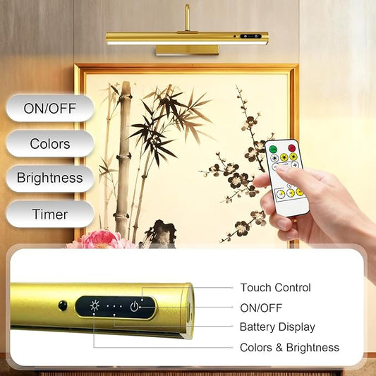 Picture Lights Wall Battery Operated, 14" 6000mAh Rechargeable Display Light with Remote/Rotatable/Dimmable/3CCT Magnetic Wireless Lamp for Painting/Gallery/Artwork/Portraits/Phote/Frame/Poster(Brass)
