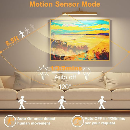 Battery Operated Gallery Lights for Wall Brass– Motion Sensor Picture Light, 5000mAh Wireless and Dimmable 3CCT Art Light Over Frame, Paintings, Photos, Mirrors (2Pack)