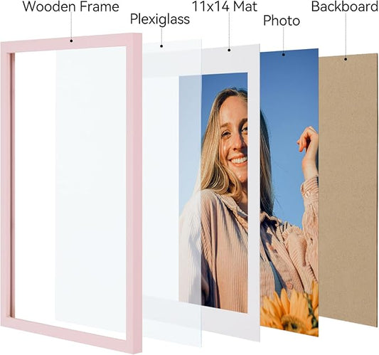 Vittanly 12x16 Picture Frames Set of 4, Display Pictures 11x14 with Mat or 12x16 without Mat, Gallery Frame for Wall Display, Engineered Wood with Shatter Resistant Plexiglass, Pale Pink