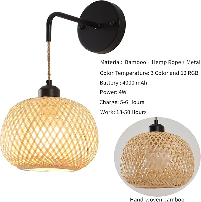 Battery Operated Wall Sconce Set of Two, Bamboo Rechargeable Boho Wireless Sconces with Remote, Dimmable Non-Hardwired Farmhouse Wall Lights for Bedroom Living Room (Black,8 inches)