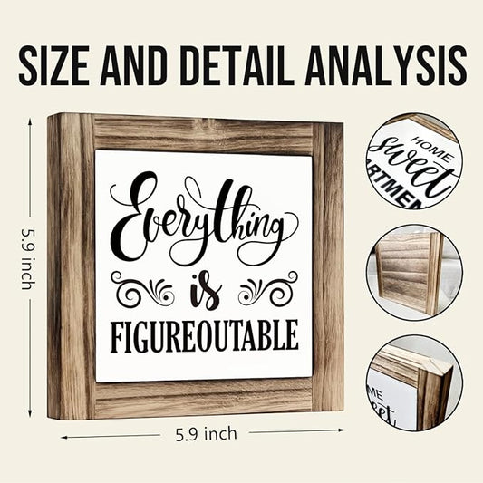 Office Sign - Everything is Figureoutable Box Wood Desk Decor, Inspirational Farmhouse Home Office Accessory, 5.9 * 5.9 inches