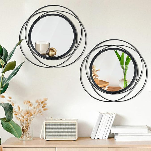 Cityelf 2 Set 13.3'' Black Circle Mirrors Wall Decor Iron Frame Wall Art Round Mirror Home Decor Hanging for Living Room/Bedroom/Bathroom/Entryway (Medium Size 13.3 inch,Circles)
