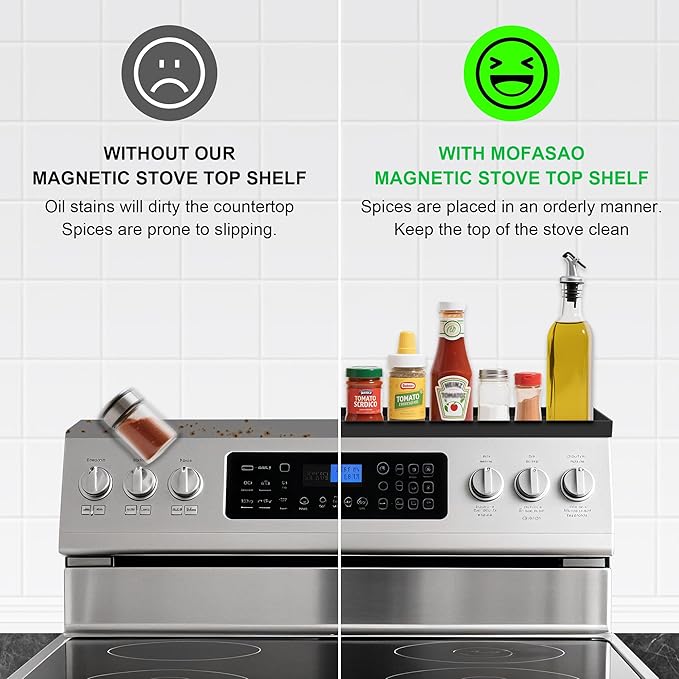 Mofason Silicone Magnetic Stove Top Shelf 30 Inch, Kitchen Over Stove Oven Shelf, Magnetic Spice Rack Organizer, Non-Slip Above Stovetop Tray for Back of Stove -Black