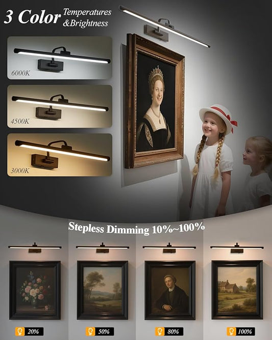 Picture Lights for Wall Battery Operated, Rechargeable Light for Pictures with Remote & Timer, Black Art Light for Paintings 24 Inch Wireless Dimmable Cordless Gallery Lights with 3 Color Temperatures